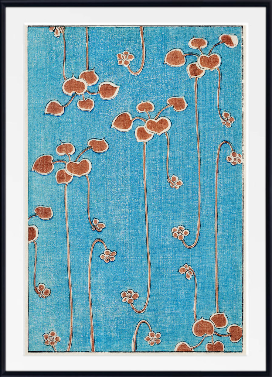 A framed art print featuring a textured turquoise blue background with a repeating pattern of stylized brown and cream flowers and stems, enclosed in a white mat and a black frame.