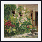 Marie Egner Print, Front garden with blooming hollyhocks