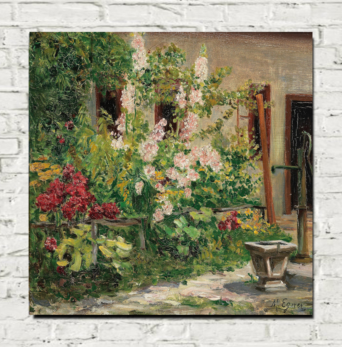 Marie Egner Print, Front garden with blooming hollyhocks