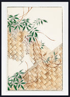 A framed art print featuring a traditional Japanese-style illustration of green wisteria flowers and leaves climbing over a woven straw wall, set against a cream background with a white mat and a black frame.