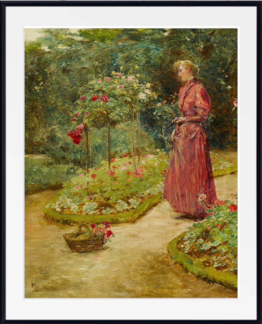 Frederick Childe Hassam Print : Woman Cutting Roses in a Garden