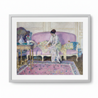 Framed artwork of a woman sitting on a pink couch in a room with decorative elements.