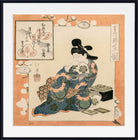 A framed Japanese ukiyo-e woodblock print showing a seated woman in a blue floral robe holding a fan, with cherry blossoms and calligraphic panels around her, presented against a white background with a black frame.