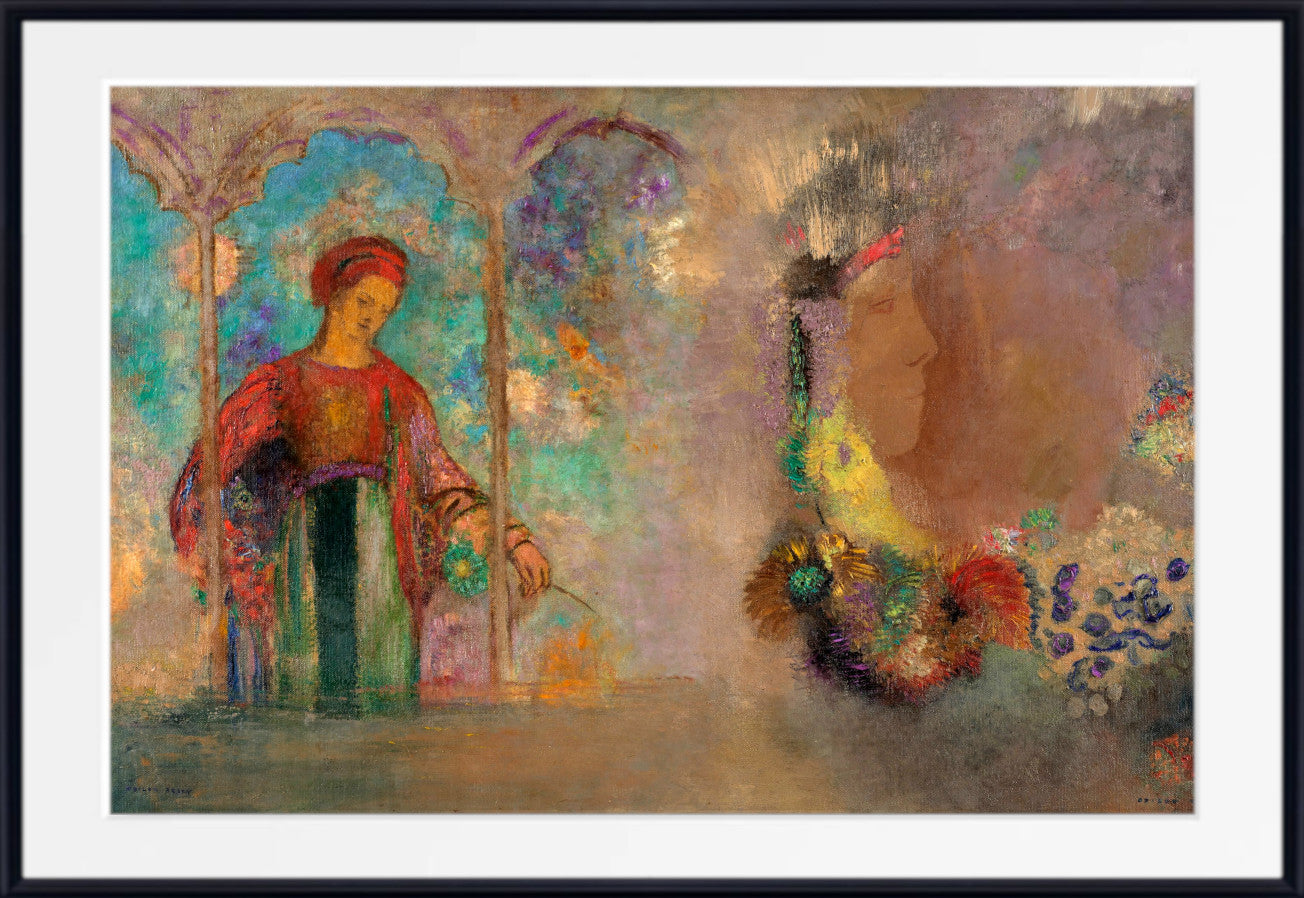 Woman in a gothic arcade; woman with flowers (1905) by Odilon Redon