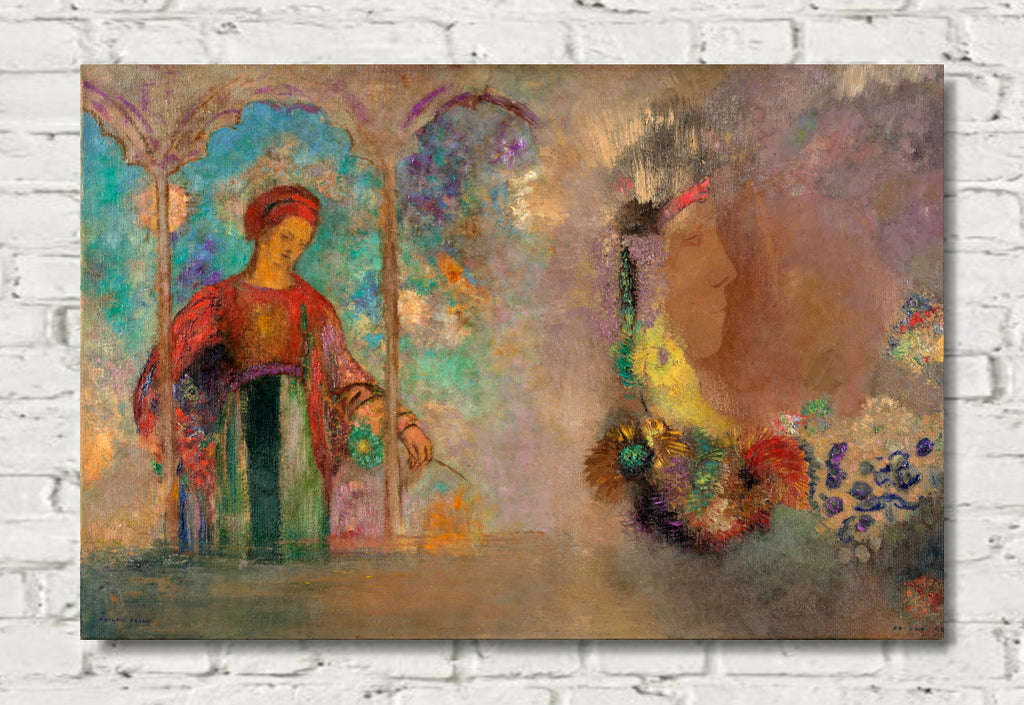 Woman in a gothic arcade; woman with flowers (1905) by Odilon Redon