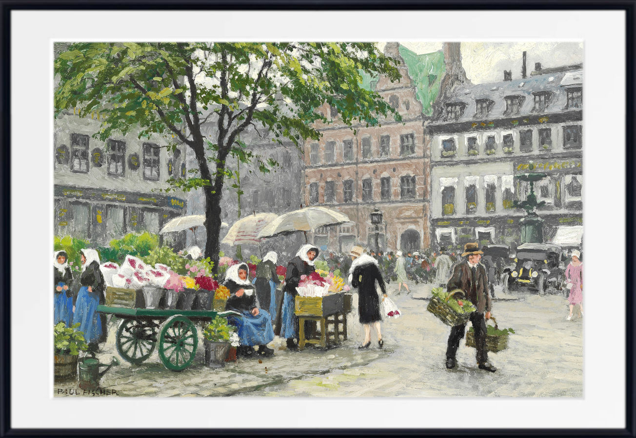 Paul Gustav Fischer Fine Art Print, Women selling flowers at Højbro Plads