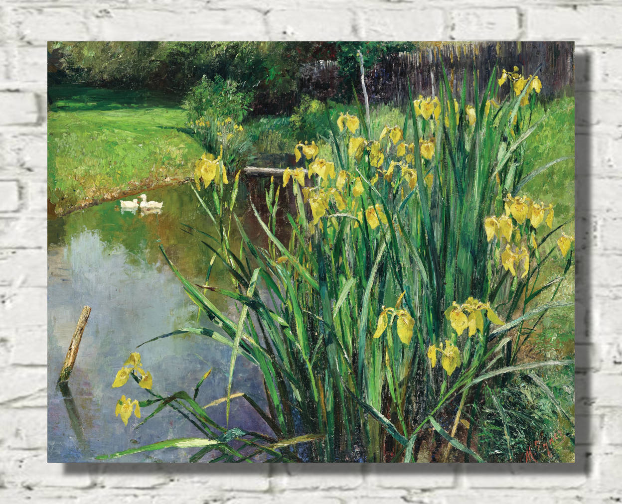 Marie Egner Print, Yellow Irises by a Pond