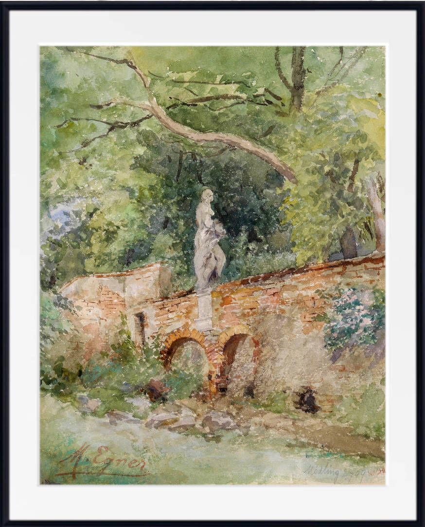 Marie Egner Print, Brick bridge with a stone figure Mödling (1899)