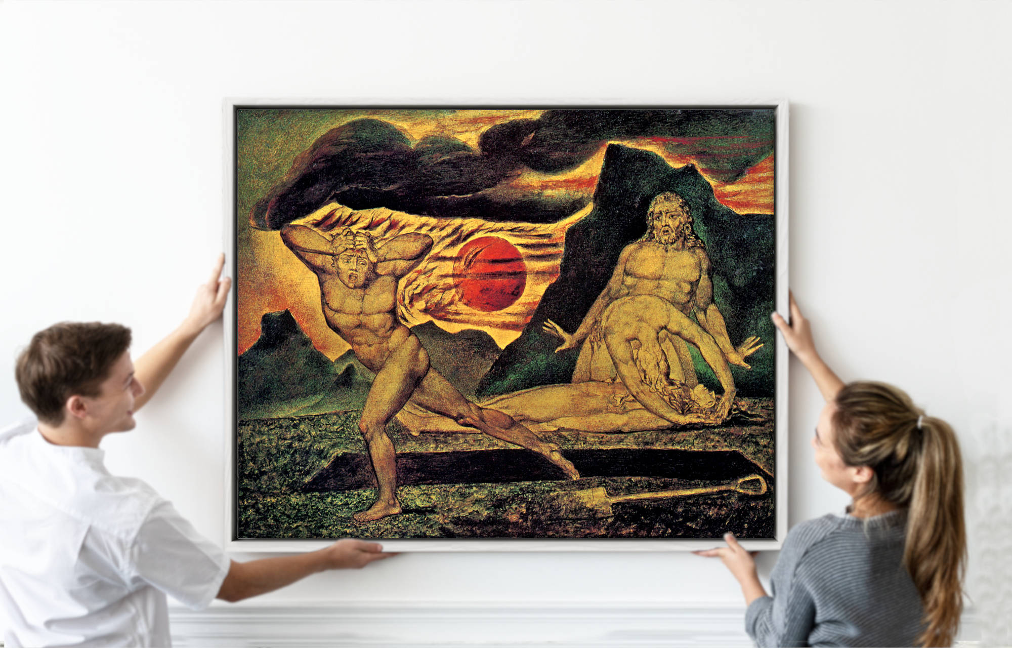 Two people hanging a large painting on a wall William Blake Fine Art Print, Abel Found by Adam