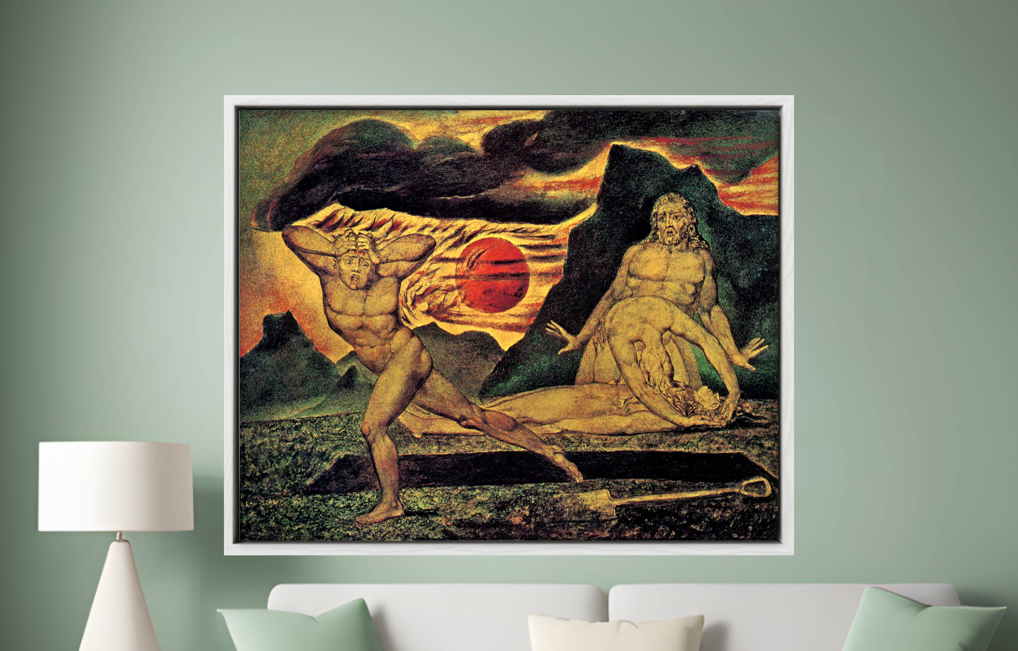 Framed artwork of William Blake Fine Art Print, Abel Found by Adam on a wall in a living room.