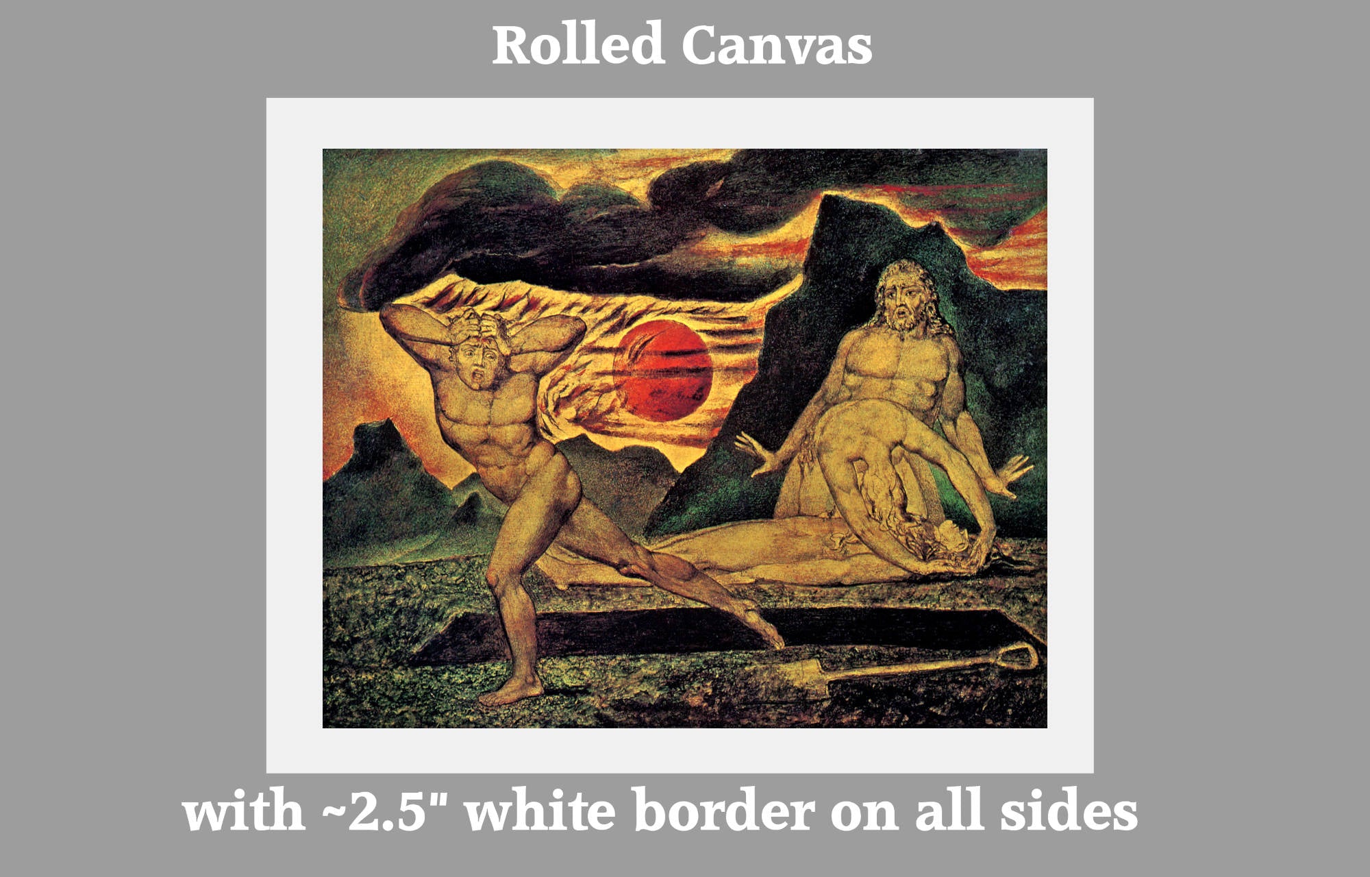 Rolled canvas with a white border featuring William Blake Fine Art Print, Abel Found by Adam