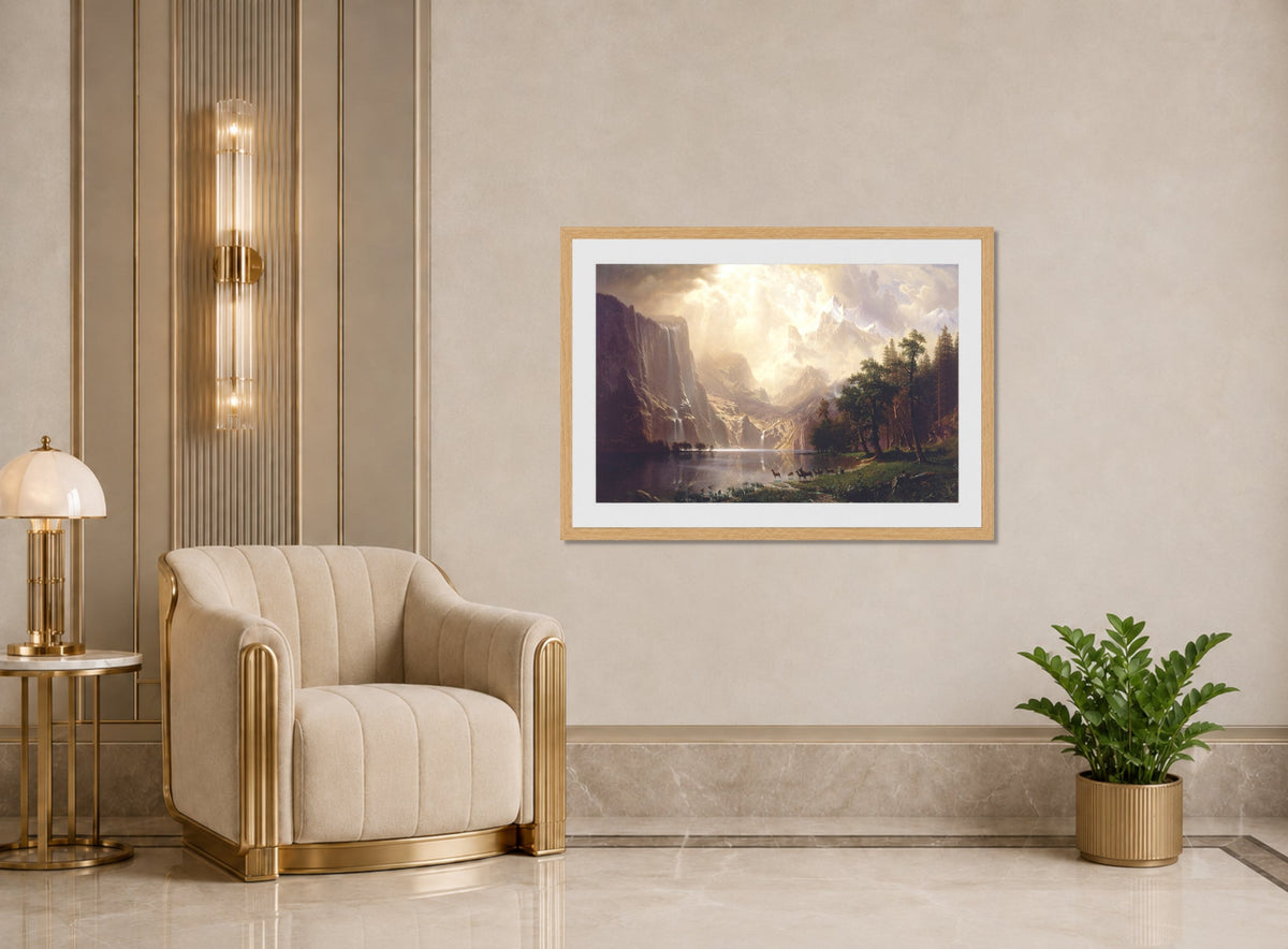 Albert Bierstadt Print, Albert Bierstadt - Among the Sierra Nevada, California displayed in an Art Deco interior