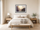 Albert Bierstadt Print, Albert Bierstadt - Among the Sierra Nevada, California displayed above a bed