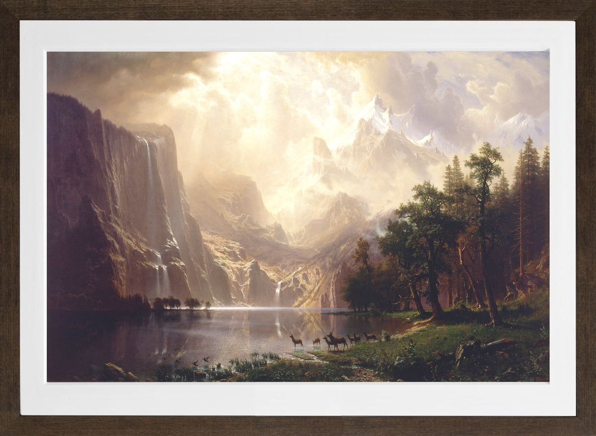 Albert Bierstadt Print, Albert Bierstadt - Among the Sierra Nevada, California in a brown frame