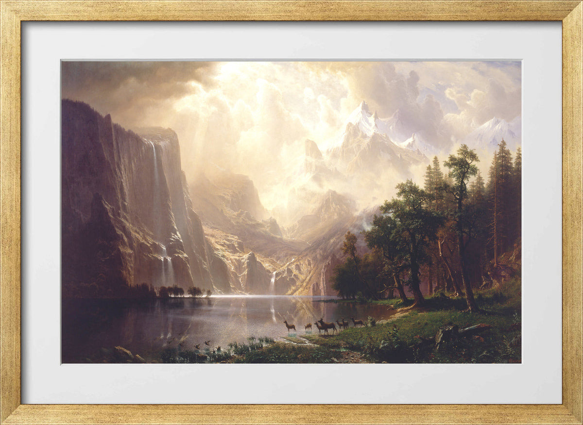 Albert Bierstadt Print, Albert Bierstadt - Among the Sierra Nevada, California in a gold frame