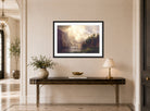 Albert Bierstadt Print, Albert Bierstadt - Among the Sierra Nevada, California displayed above a console table
