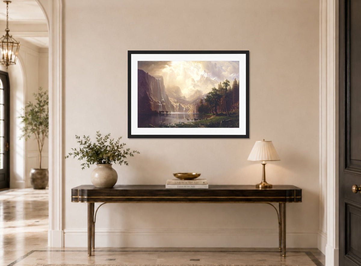 Albert Bierstadt Print, Albert Bierstadt - Among the Sierra Nevada, California displayed above a console table