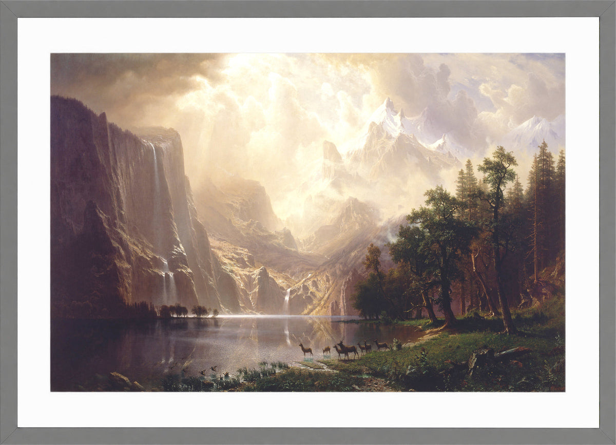 Albert Bierstadt Print, Albert Bierstadt - Among the Sierra Nevada, California in a light grey frame