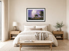 Albert Bierstadt Print, Albert Bierstadt - California Spring - Google Art Project displayed above a bed