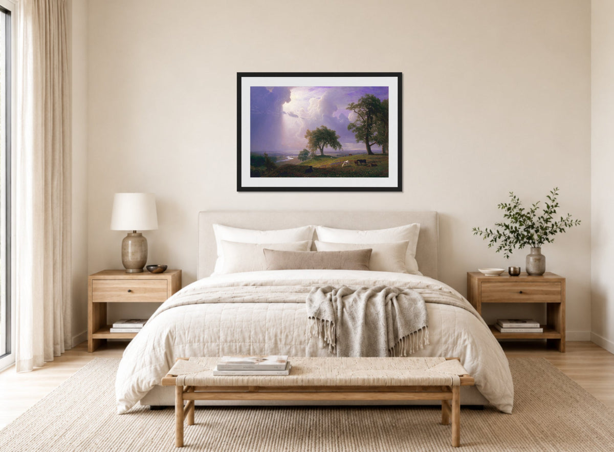 Albert Bierstadt Print, Albert Bierstadt - California Spring - Google Art Project displayed above a bed