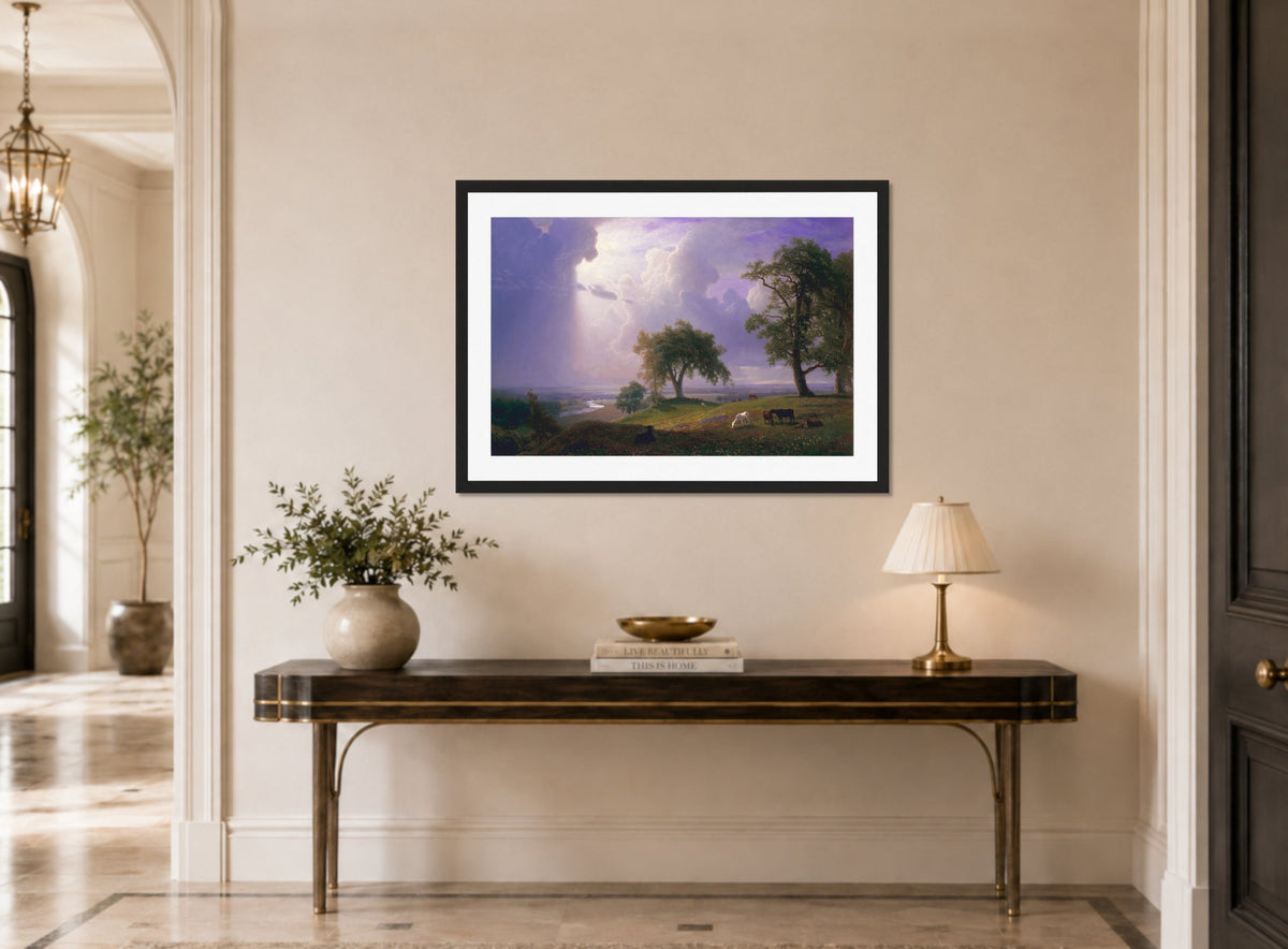 Albert Bierstadt Print, Albert Bierstadt - California Spring - Google Art Project displayed above a console table