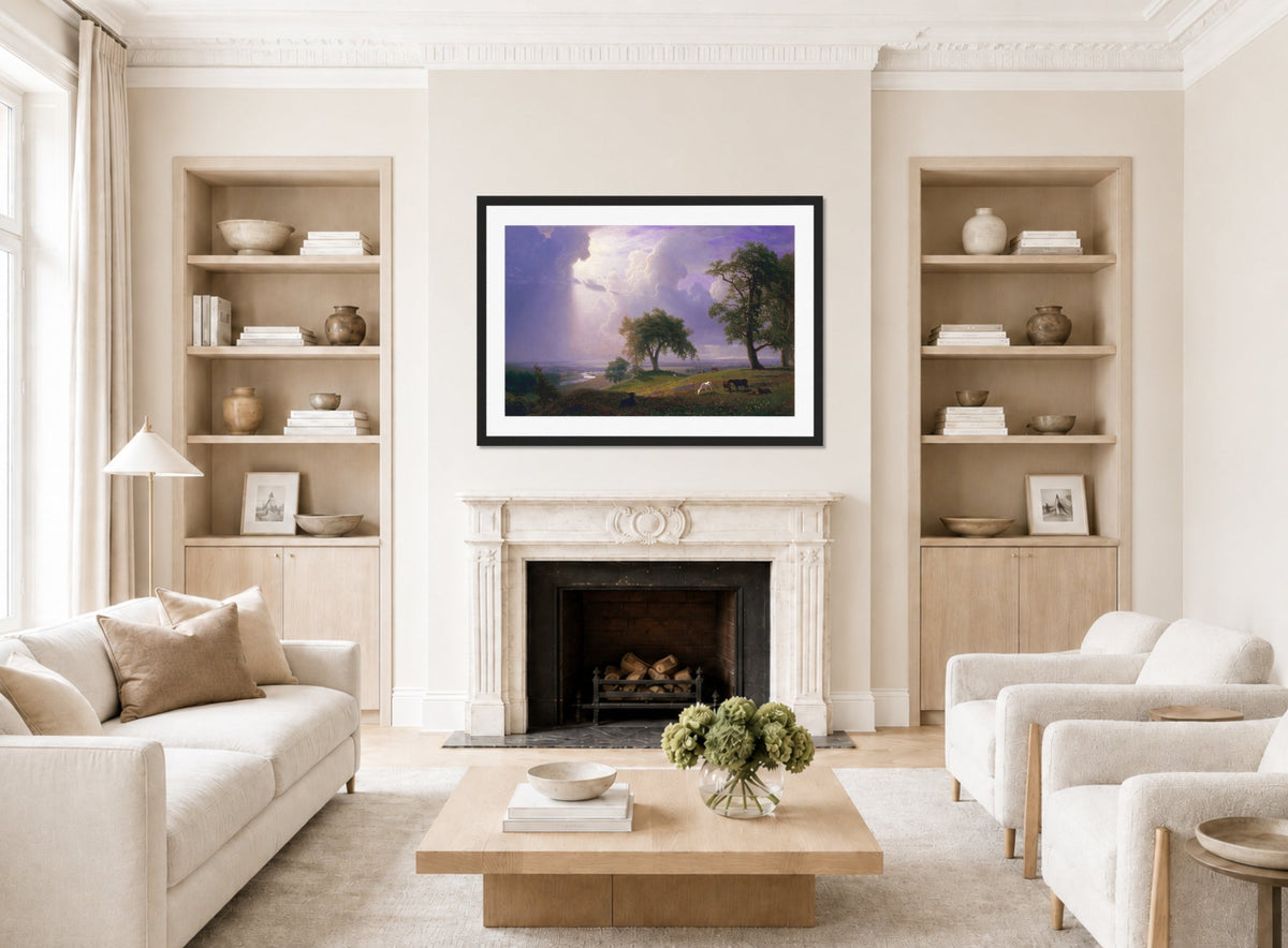 Albert Bierstadt Print, Albert Bierstadt - California Spring - Google Art Project displayed in a Scandinavian living room