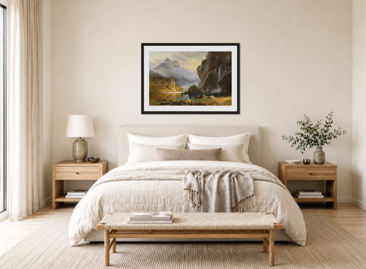 Albert Bierstadt Print, Albert Bierstadt - Indians Spear Fishing - Google Art Project displayed above a bed