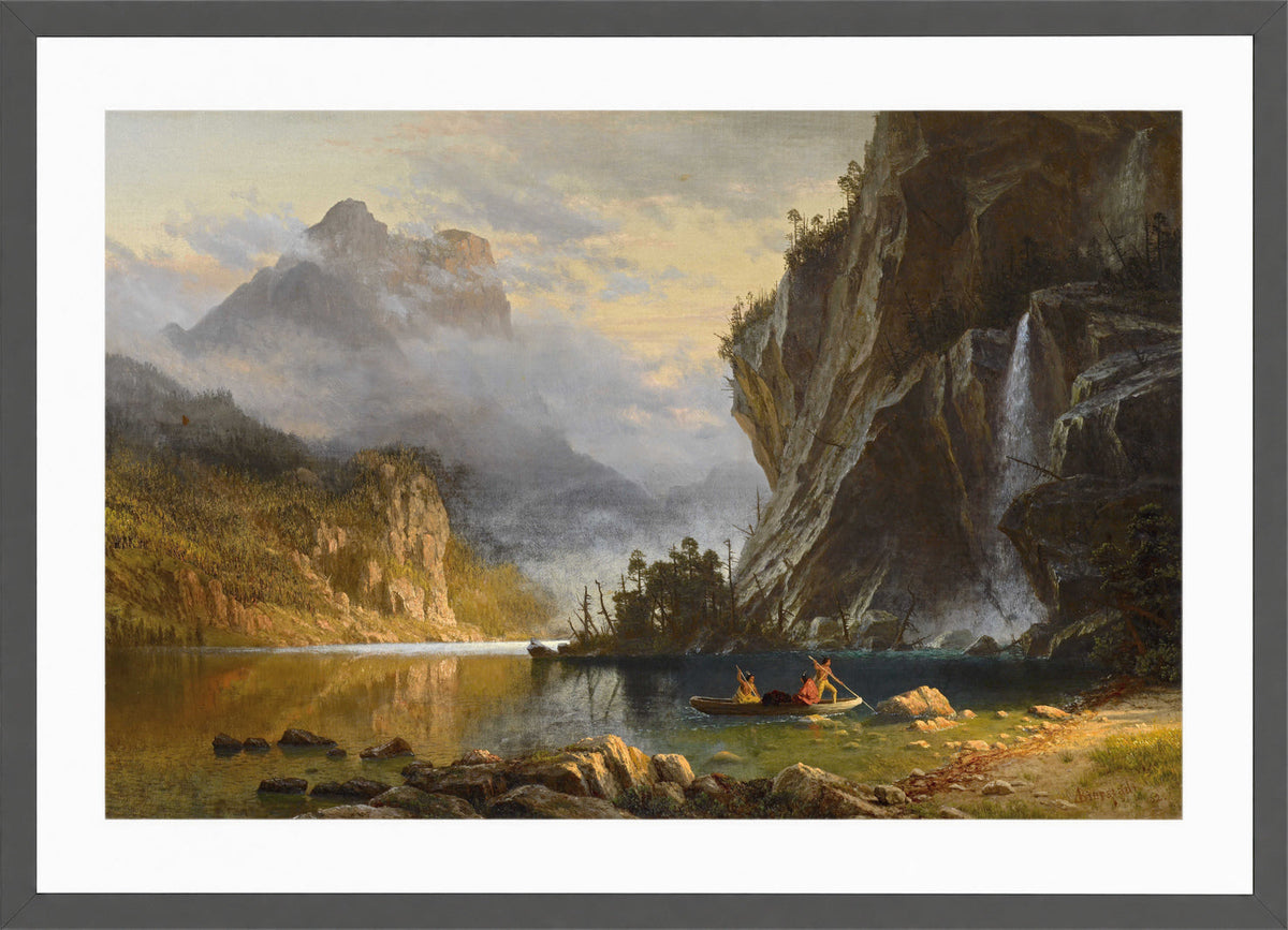 Albert Bierstadt Print, Albert Bierstadt - Indians Spear Fishing - Google Art Project in a dark grey frame