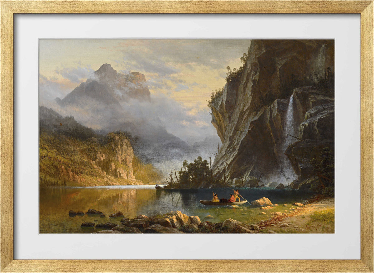 Albert Bierstadt Print, Albert Bierstadt - Indians Spear Fishing - Google Art Project in a gold frame