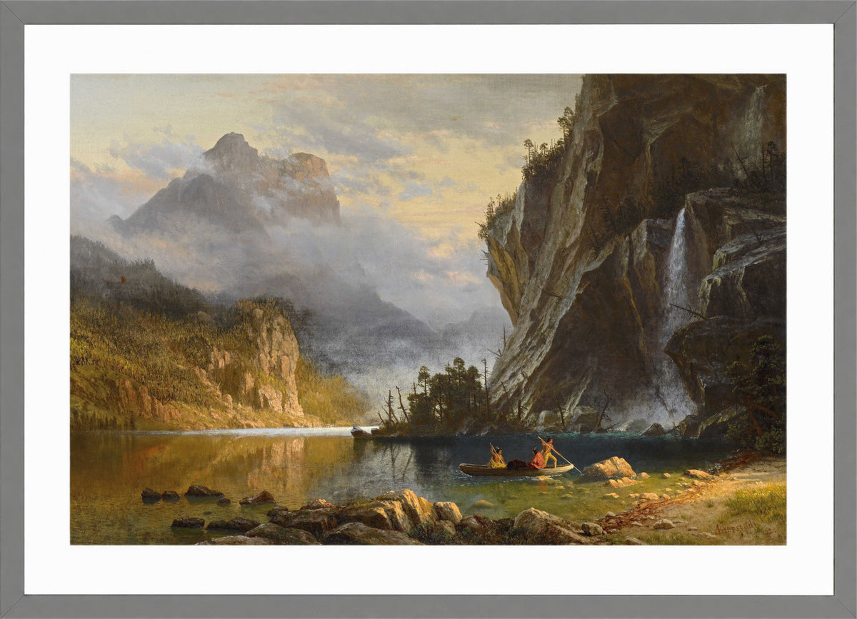 Albert Bierstadt Print, Albert Bierstadt - Indians Spear Fishing - Google Art Project in a light grey frame