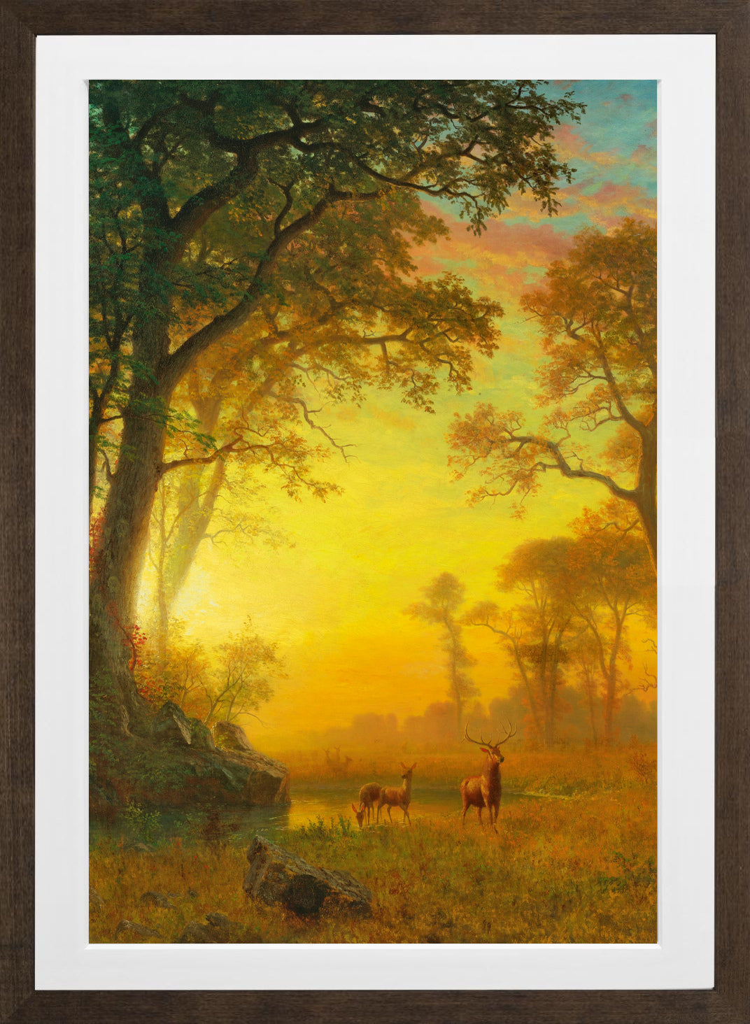Albert Bierstadt Print, Albert Bierstadt - Light in the Forest in a brown frame