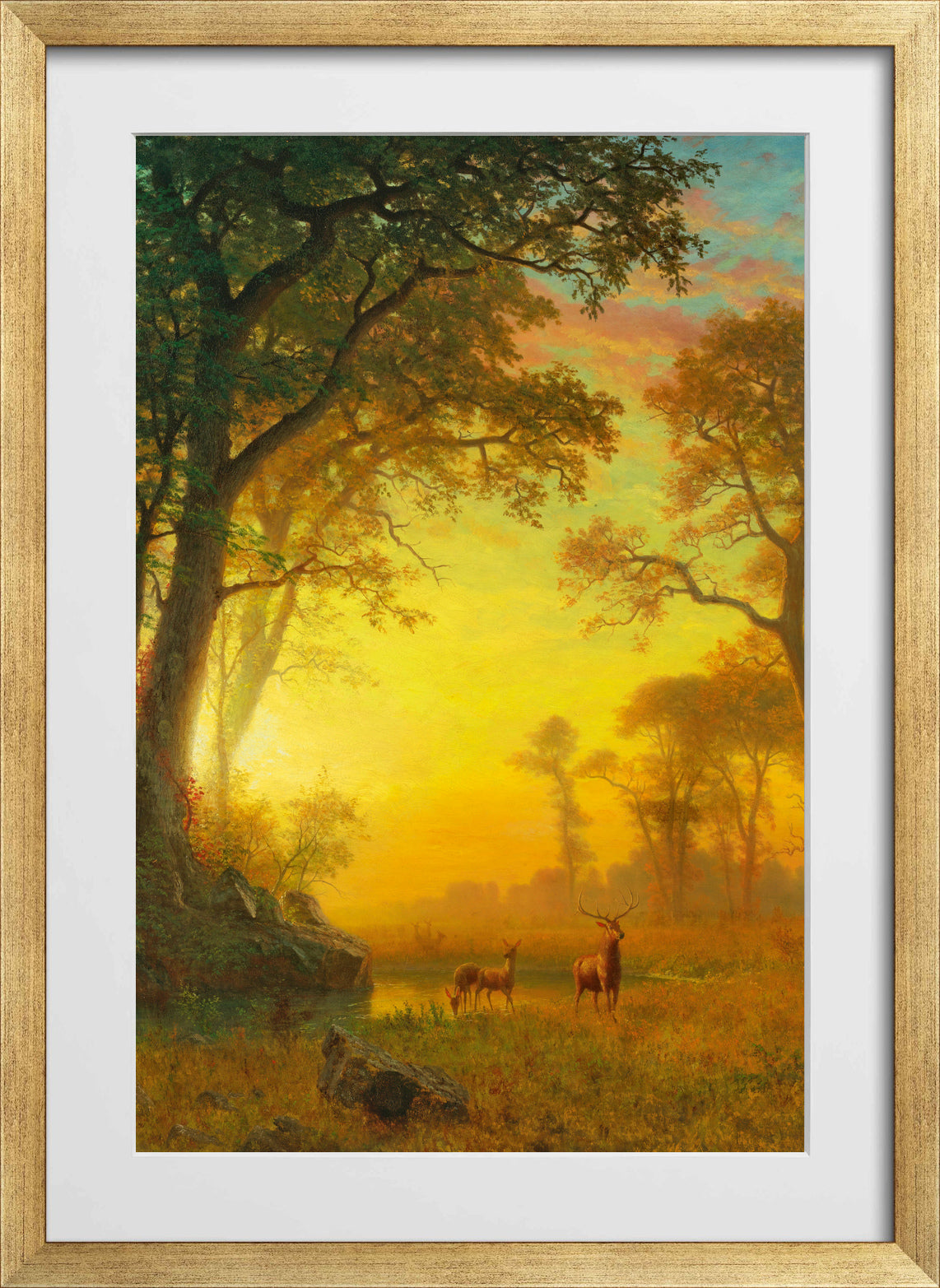 Albert Bierstadt Print, Albert Bierstadt - Light in the Forest in a gold frame