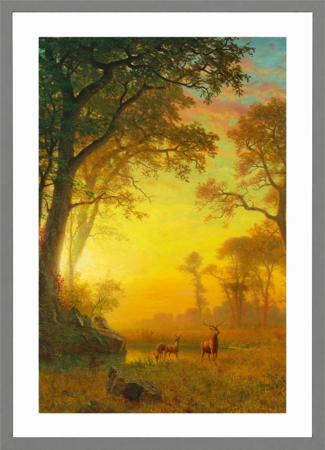 Albert Bierstadt Print, Albert Bierstadt - Light in the Forest in a light grey frame