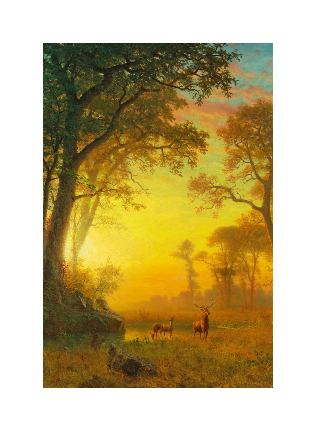 Albert Bierstadt Print, Albert Bierstadt - Light in the Forest with a white border for rolled canvas