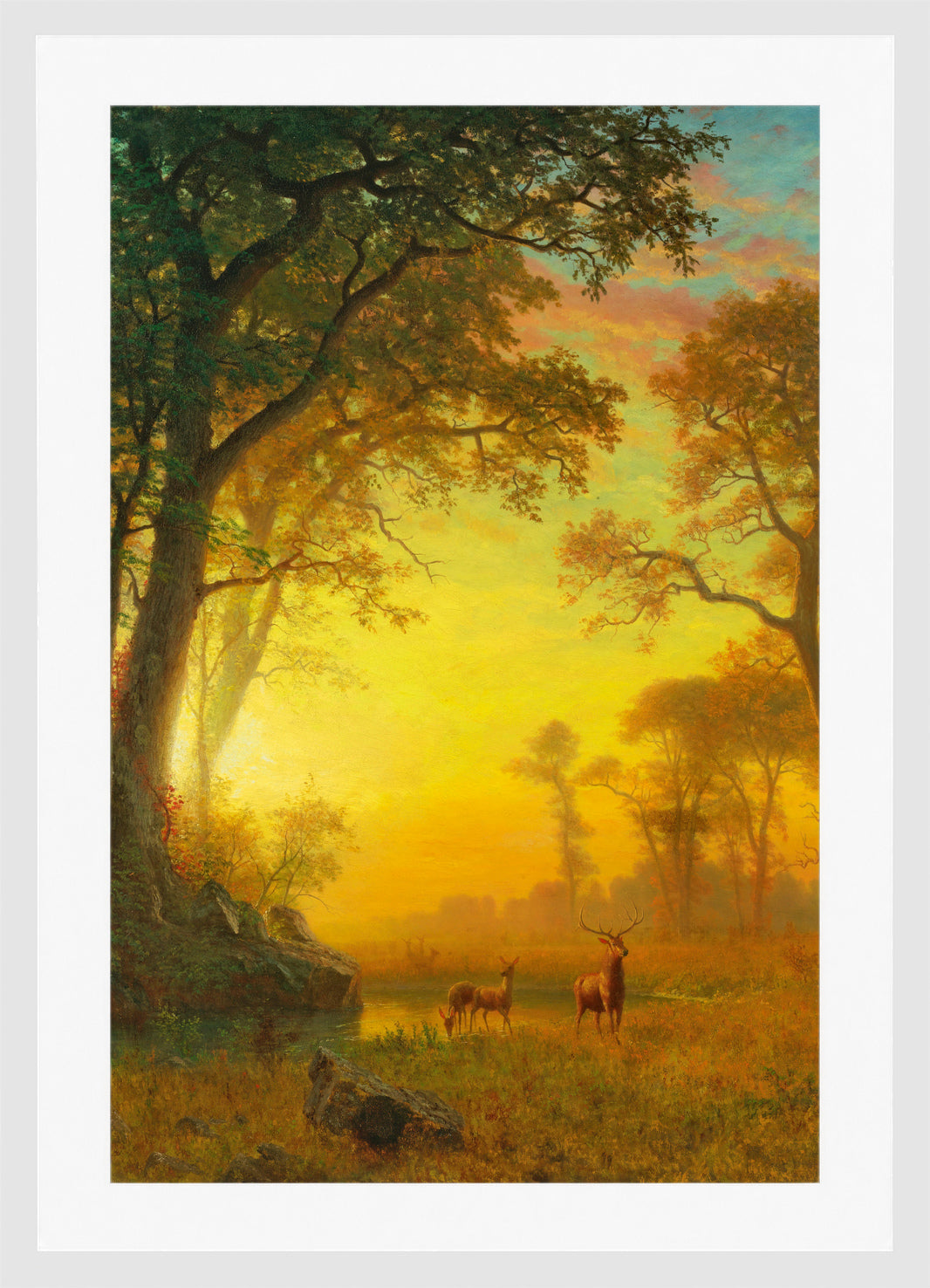 Albert Bierstadt Print, Albert Bierstadt - Light in the Forest in a white frame