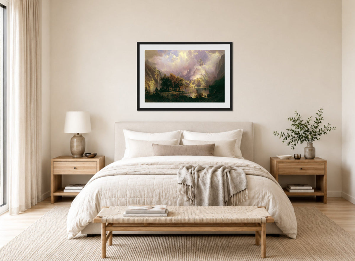 Albert Bierstadt Print, Albert Bierstadt - Rocky Mountain Landscape - Google Art Project displayed above a bed