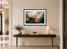 Albert Bierstadt Print, Albert Bierstadt - Rocky Mountain Landscape - Google Art Project displayed above a console table