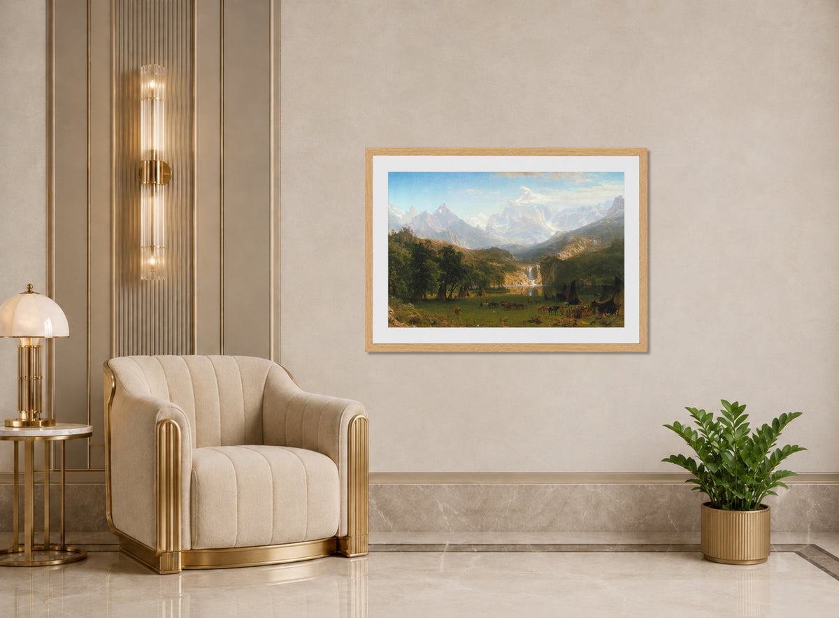 Albert Bierstadt Print, Albert Bierstadt - The Rocky Mountains, Lander's Peak displayed in an Art Deco interior
