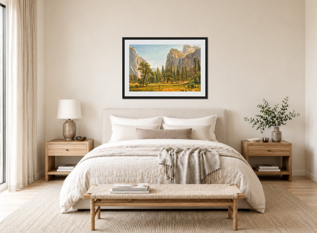 Albert Bierstadt Print, Bridal Veil Falls, Yosemite Valley, California (1871-1873) displayed above a bed