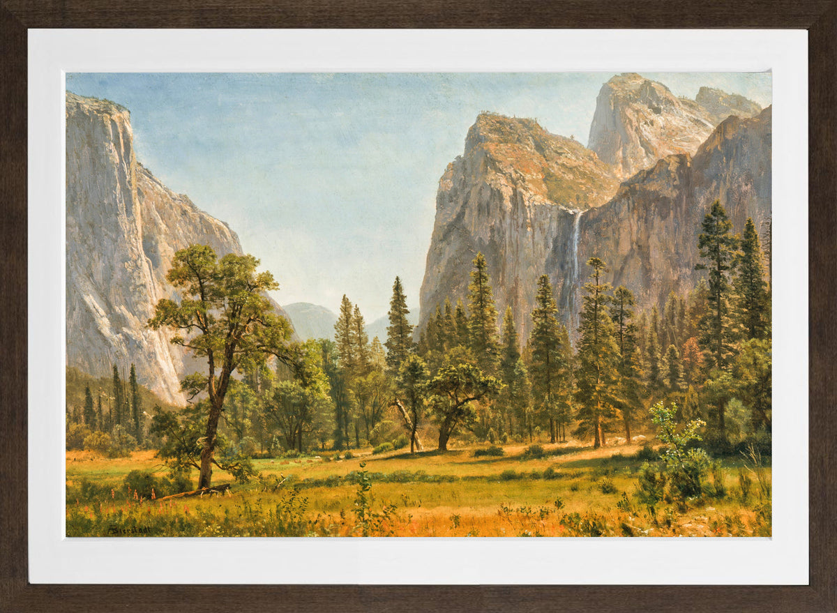 Albert Bierstadt Print, Bridal Veil Falls, Yosemite Valley, California (1871-1873) in a brown frame