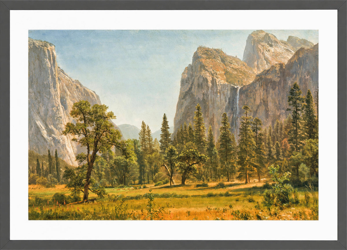 Albert Bierstadt Print, Bridal Veil Falls, Yosemite Valley, California (1871-1873) in a dark grey frame