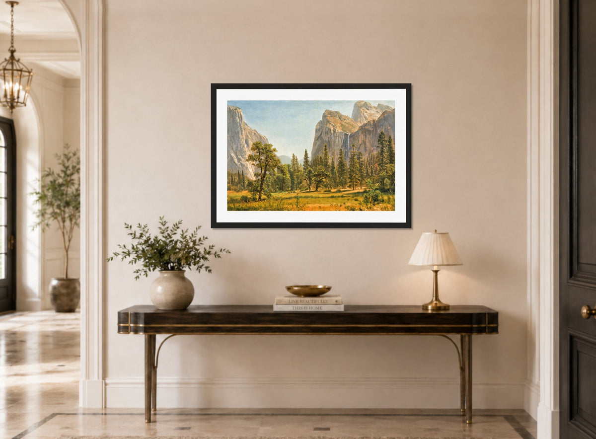 Albert Bierstadt Print, Bridal Veil Falls, Yosemite Valley, California (1871-1873) displayed above a console table