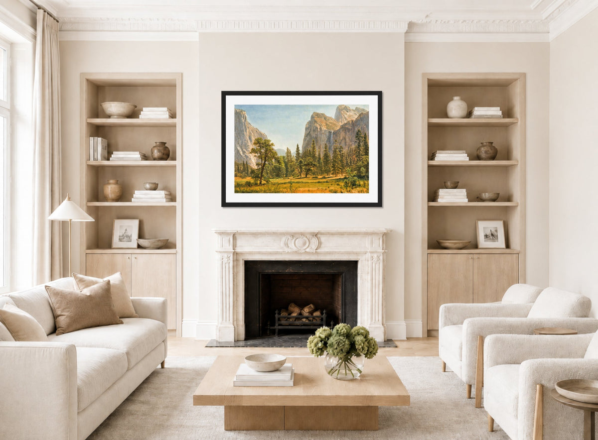 Albert Bierstadt Print, Bridal Veil Falls, Yosemite Valley, California (1871-1873) displayed in a Scandinavian living room