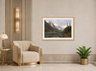 Albert Bierstadt Print, Canadian Rockies (Lake Louise) (ca. 1889) displayed in an Art Deco interior