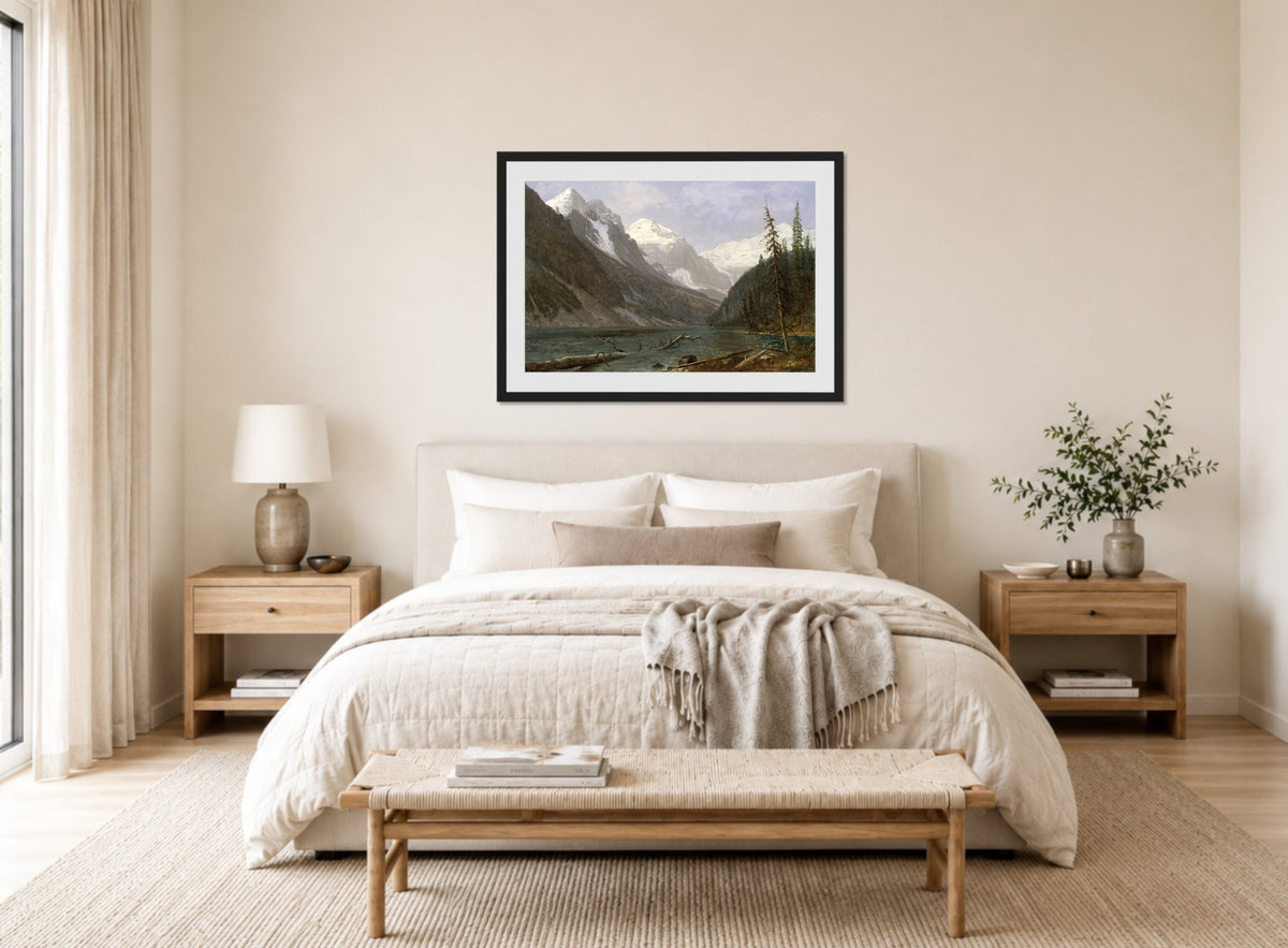 Albert Bierstadt Print, Canadian Rockies (Lake Louise) (ca. 1889) displayed above a bed
