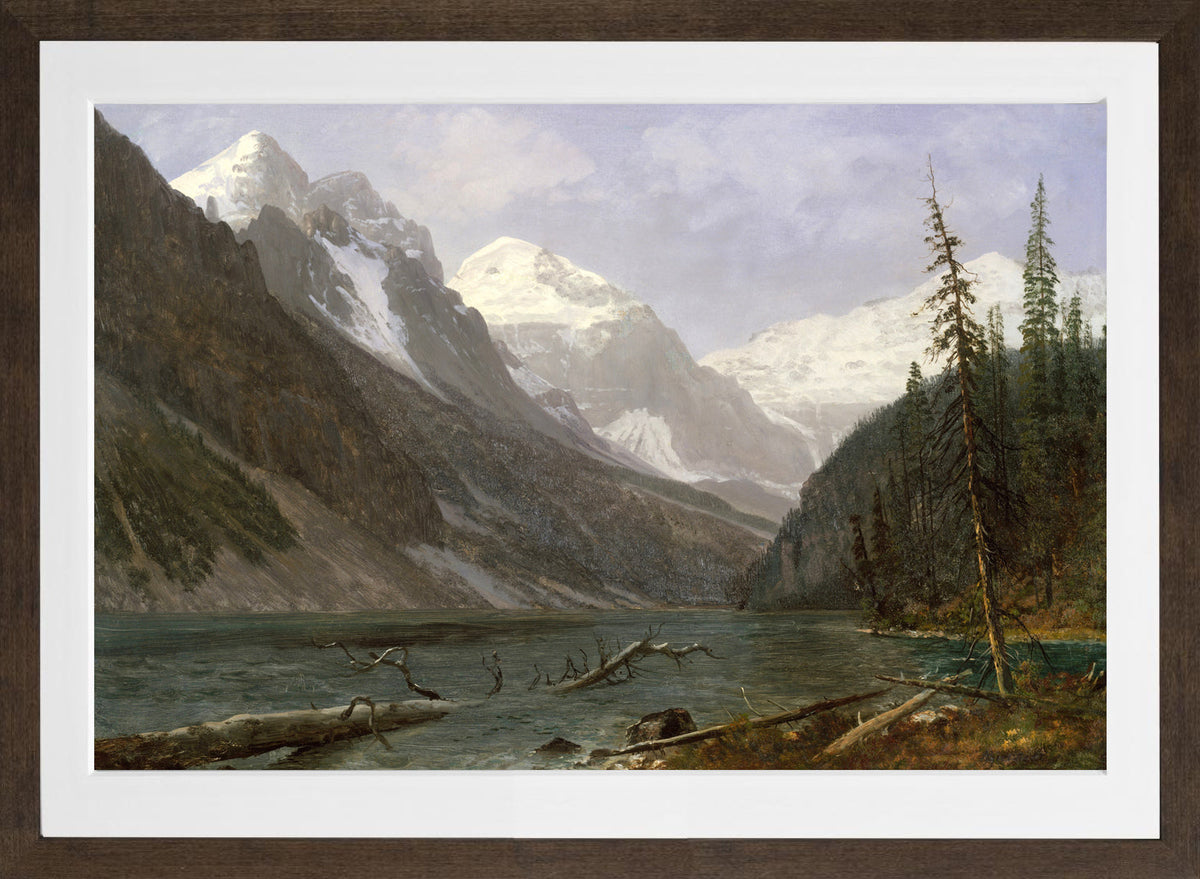 Albert Bierstadt Print, Canadian Rockies (Lake Louise) (ca. 1889) in a brown frame