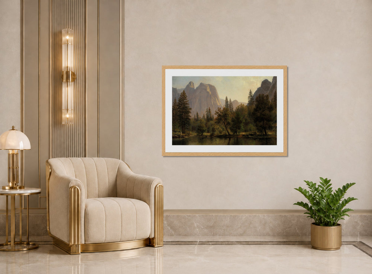 Albert Bierstadt Print, Cathedral Rocks, Yosemite Valley displayed in an Art Deco interior
