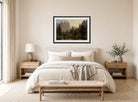 Albert Bierstadt Print, Cathedral Rocks, Yosemite Valley displayed above a bed