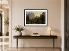 Albert Bierstadt Print, Cathedral Rocks, Yosemite Valley displayed above a console table