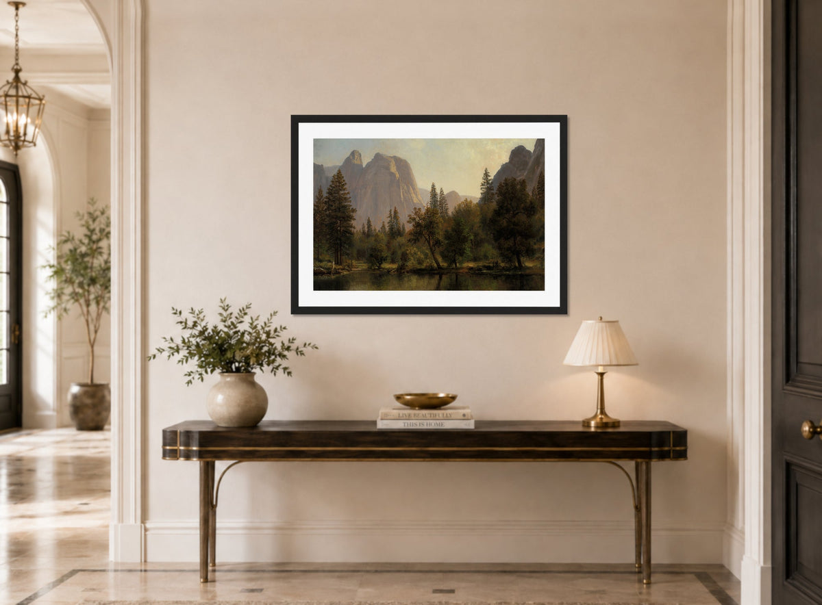 Albert Bierstadt Print, Cathedral Rocks, Yosemite Valley displayed above a console table